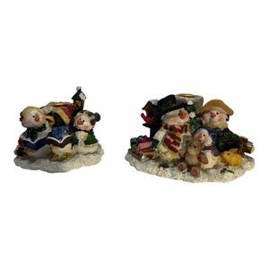 Set of 2‎ Ceramic Snow Family Candle Holders Bear Sled Winter Trees Caroling